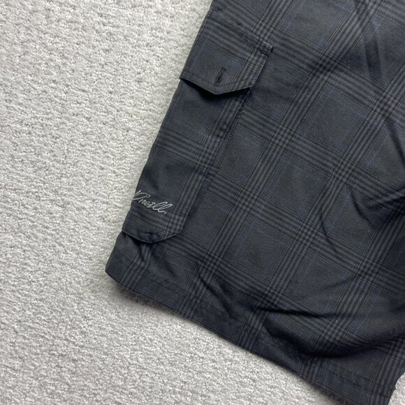 Oneill Board Shorts Mens 34 Grey / Blue Plaid Relaxed Skater Cargo Beach - Picture 9 of 12